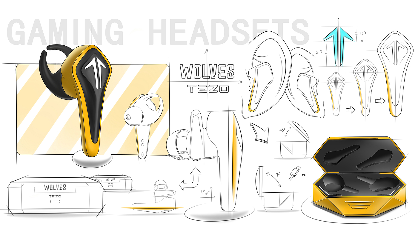 耳机设计，蓝牙耳机，游戏耳机，产品手绘，产品设计，2d渲染，