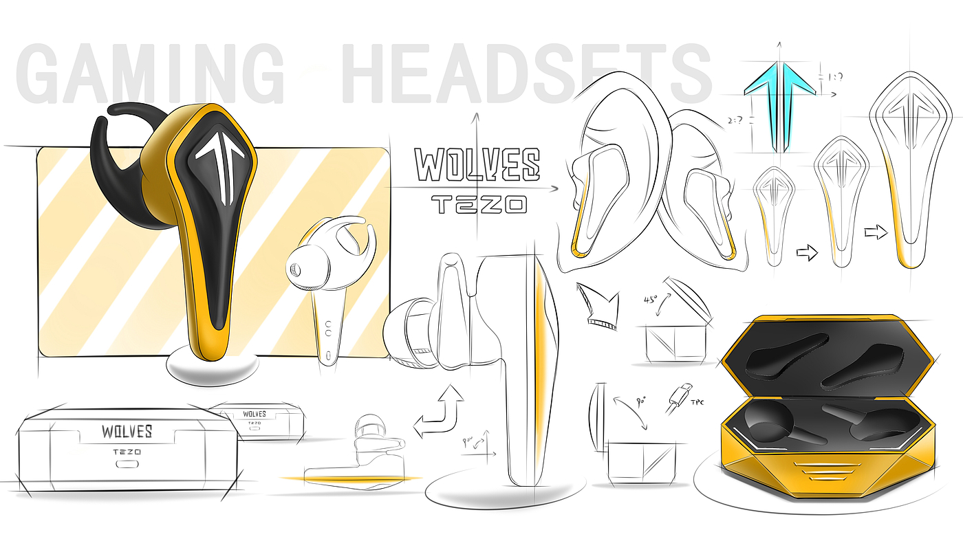 Earphone design，Bluetooth headset，Game headset，Hand drawn products，product design，2d rendering，