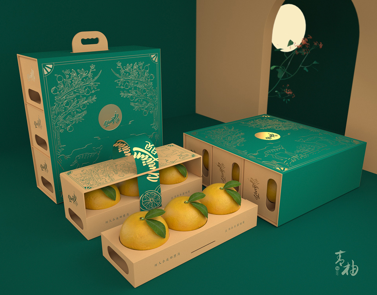 青柚设计x月见包豪斯简约工艺风柚子水果包装设计礼盒结构设计