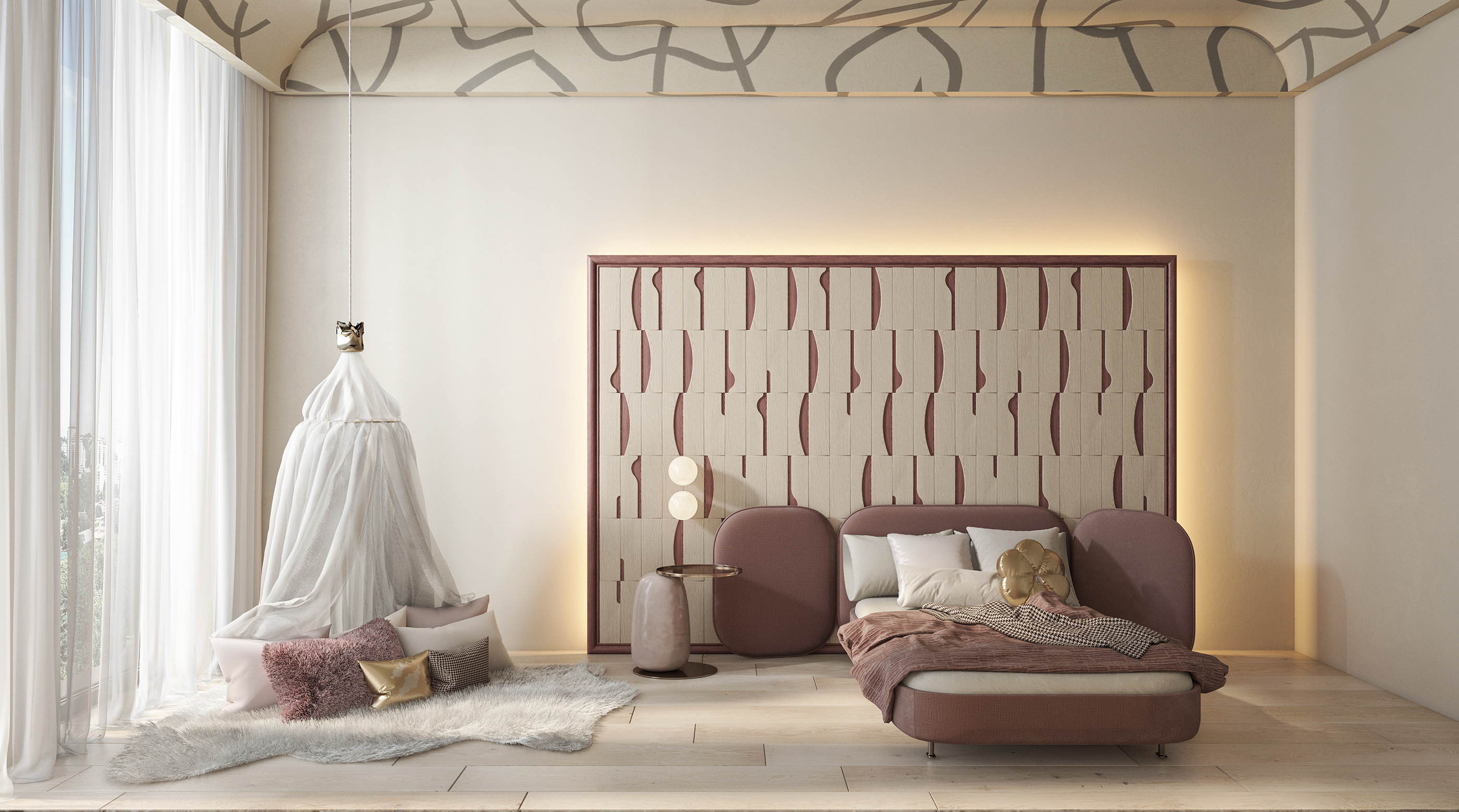 Children's bedroom，Interior design，Dance wooden panels，