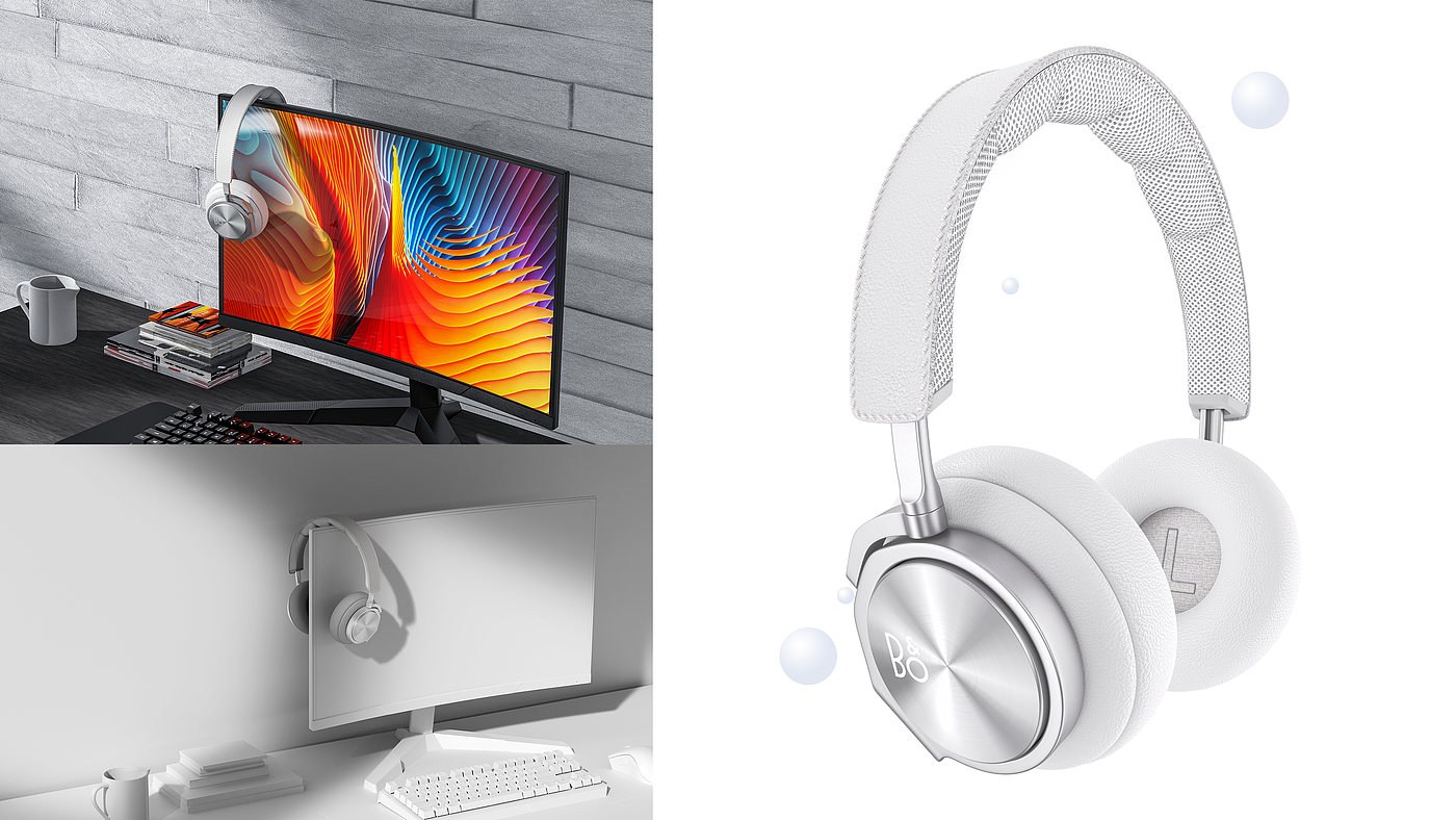 Render，modeling，data line，portable battery，headset，scene，