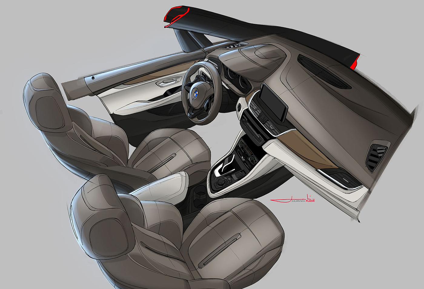 Movable station wagon，BMW 2 series，Industrial hand drawing，Hand drawn design，