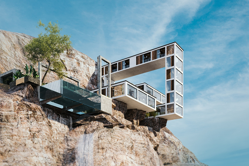 house，Steep cliff，river bank，