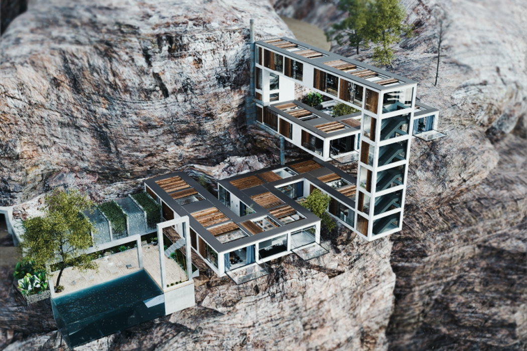 house，Steep cliff，river bank，