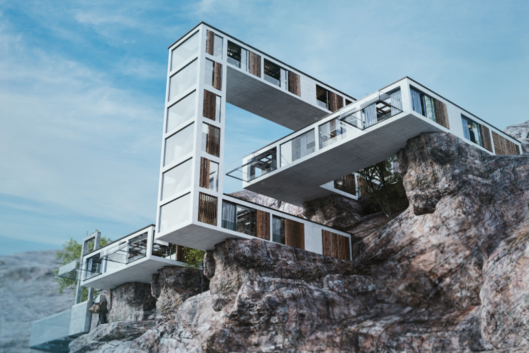 house，Steep cliff，river bank，