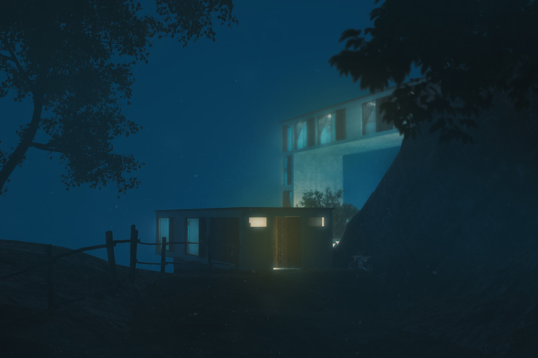 house，Steep cliff，river bank，