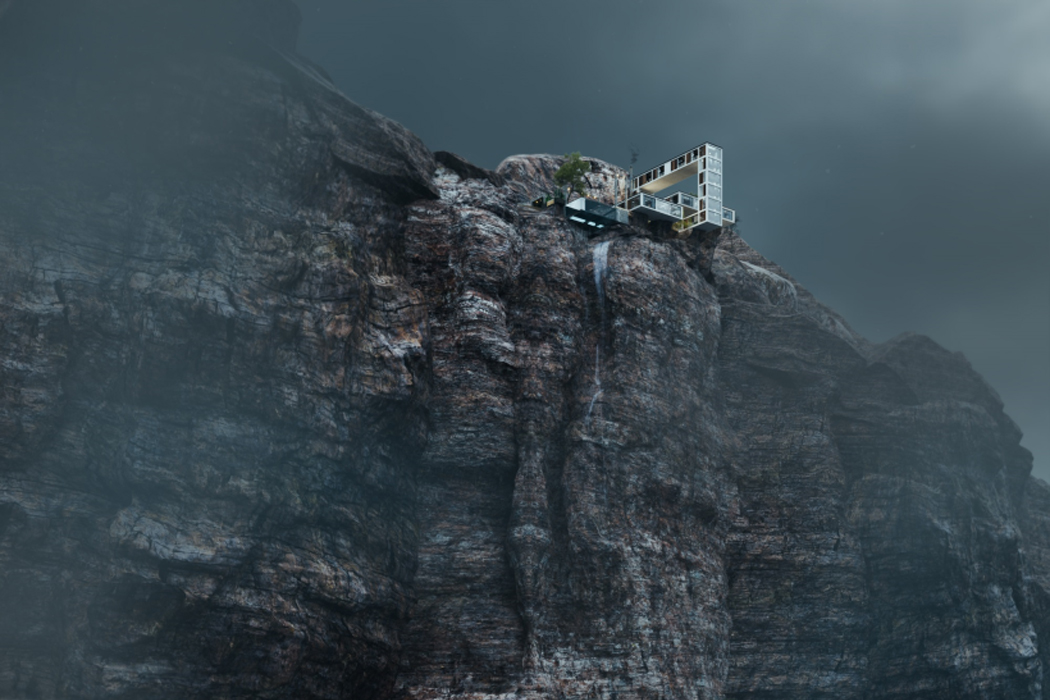 house，Steep cliff，river bank，