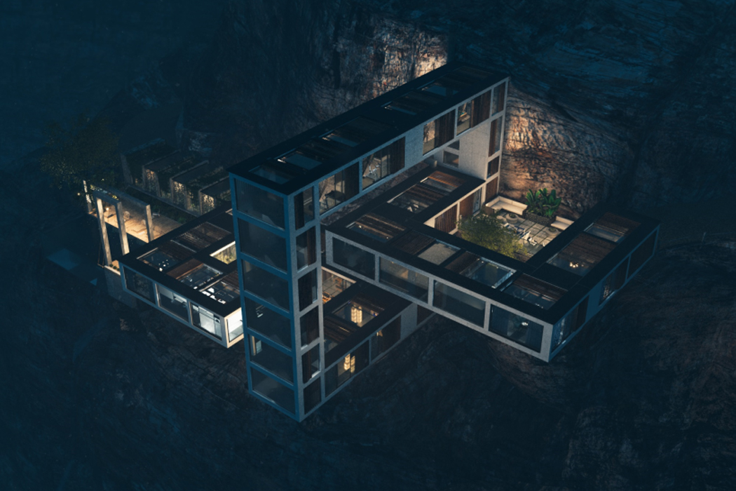 house，Steep cliff，river bank，