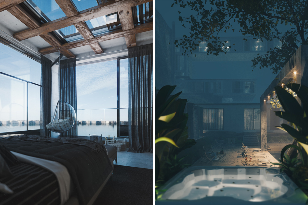 house，Steep cliff，river bank，