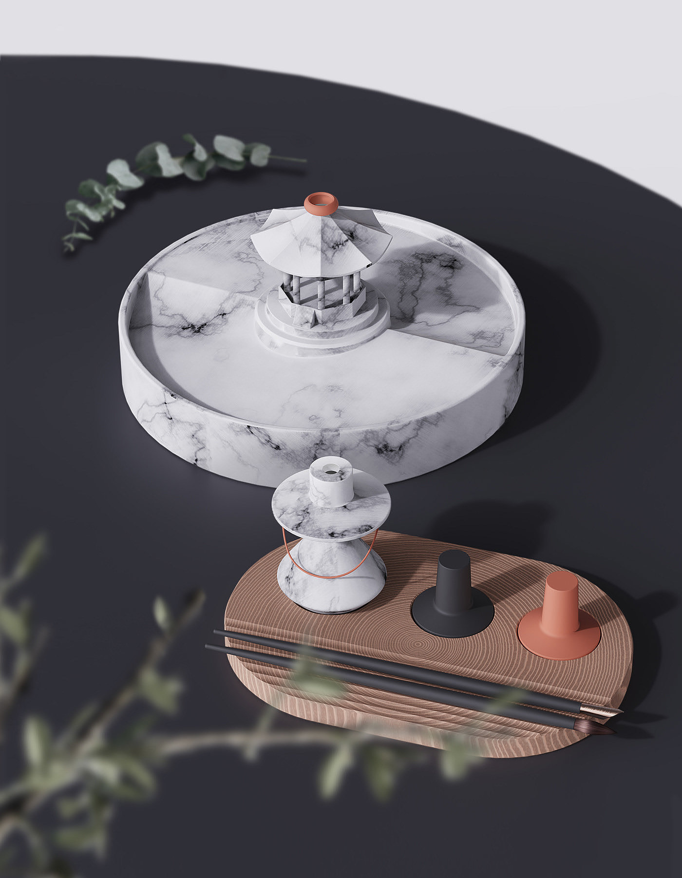 MBSW，writing brush，Octagonal pavilion，Inkstone，