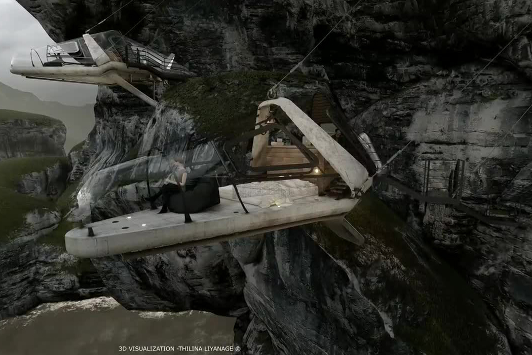 Steep cliff，house，aircraft，