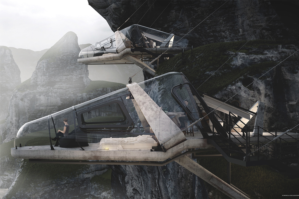 Steep cliff，house，aircraft，