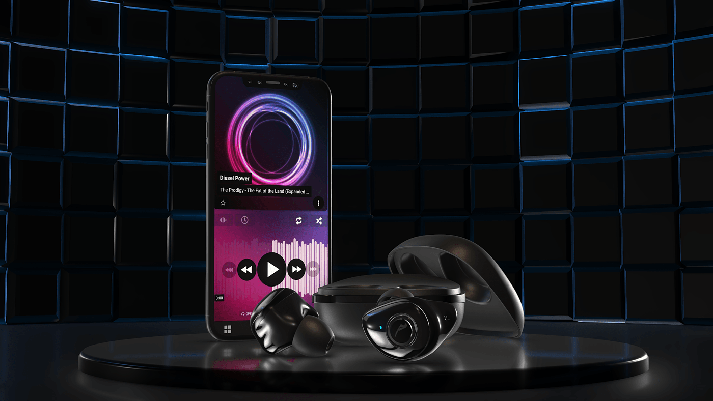 Hesham Al-Shawish，Wireless headset，black，c4d，Element 3D plug-in，Render，animation，