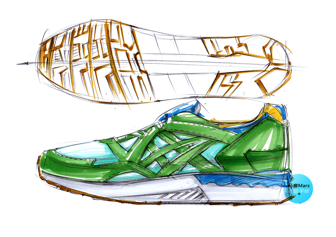 Hand drawn products，Hand drawn shoes，Hand drawn step diagram of product，Hand drawn renderings，Hand drawn renderings of industrial design，