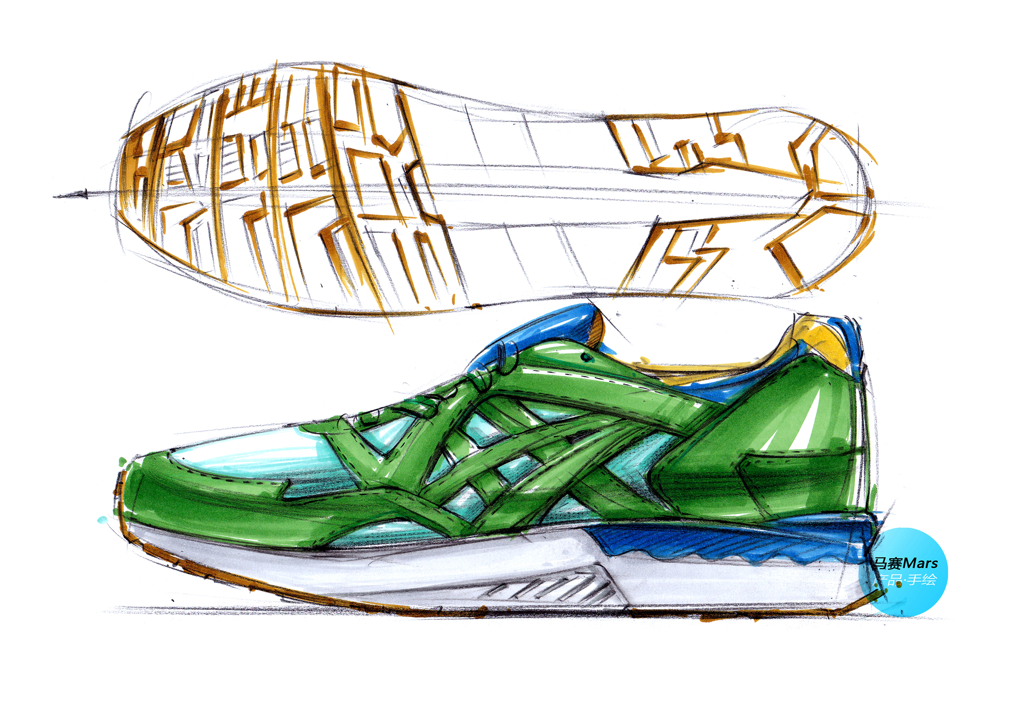 Hand drawn products，Hand drawn shoes，Hand drawn step diagram of product，Hand drawn renderings，Hand drawn renderings of industrial design，