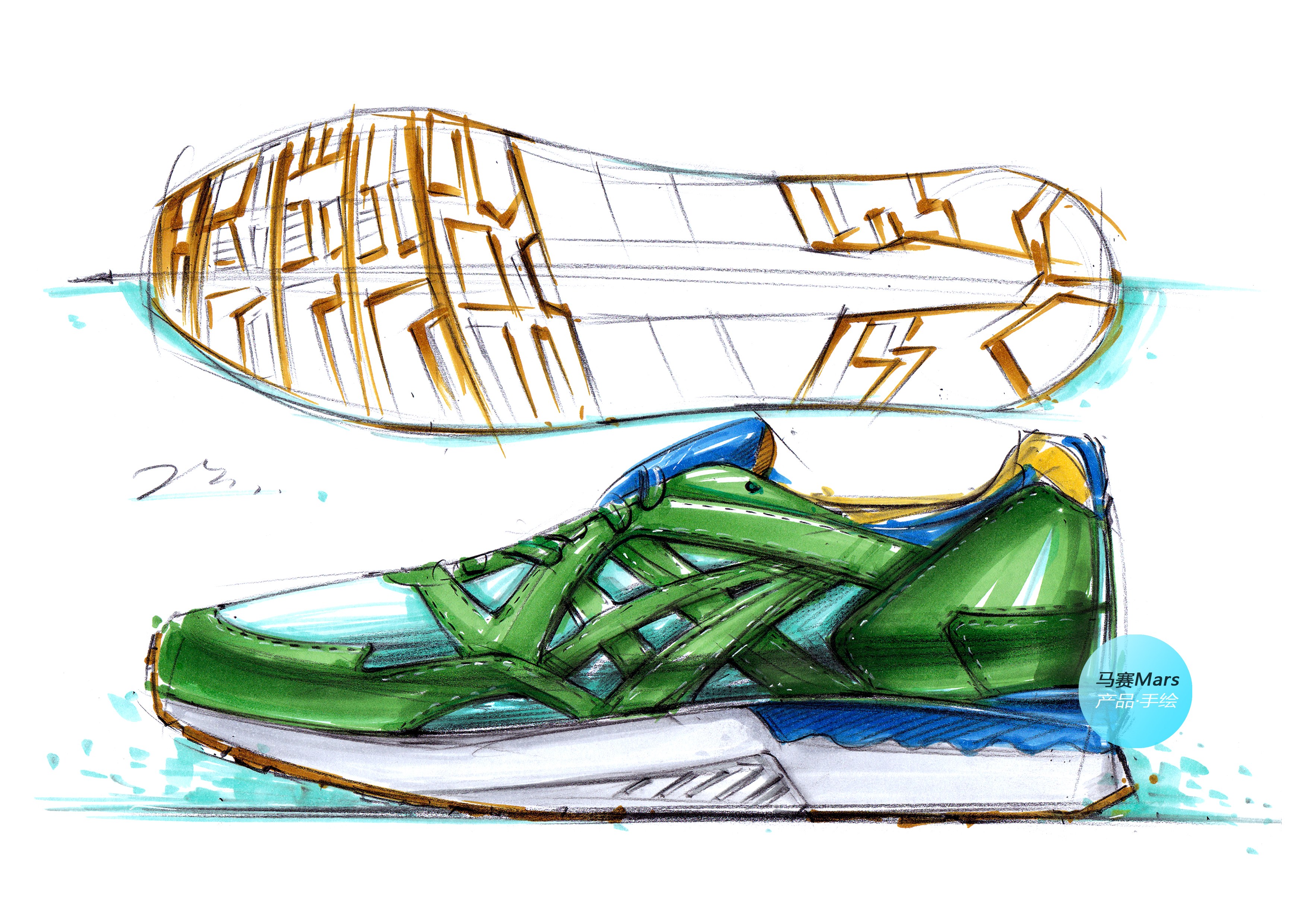 Hand drawn products，Hand drawn shoes，Hand drawn step diagram of product，Hand drawn renderings，Hand drawn renderings of industrial design，