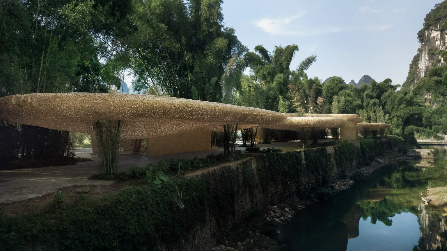 Bamboo shed，Pavilion，Bamboo，Light show，