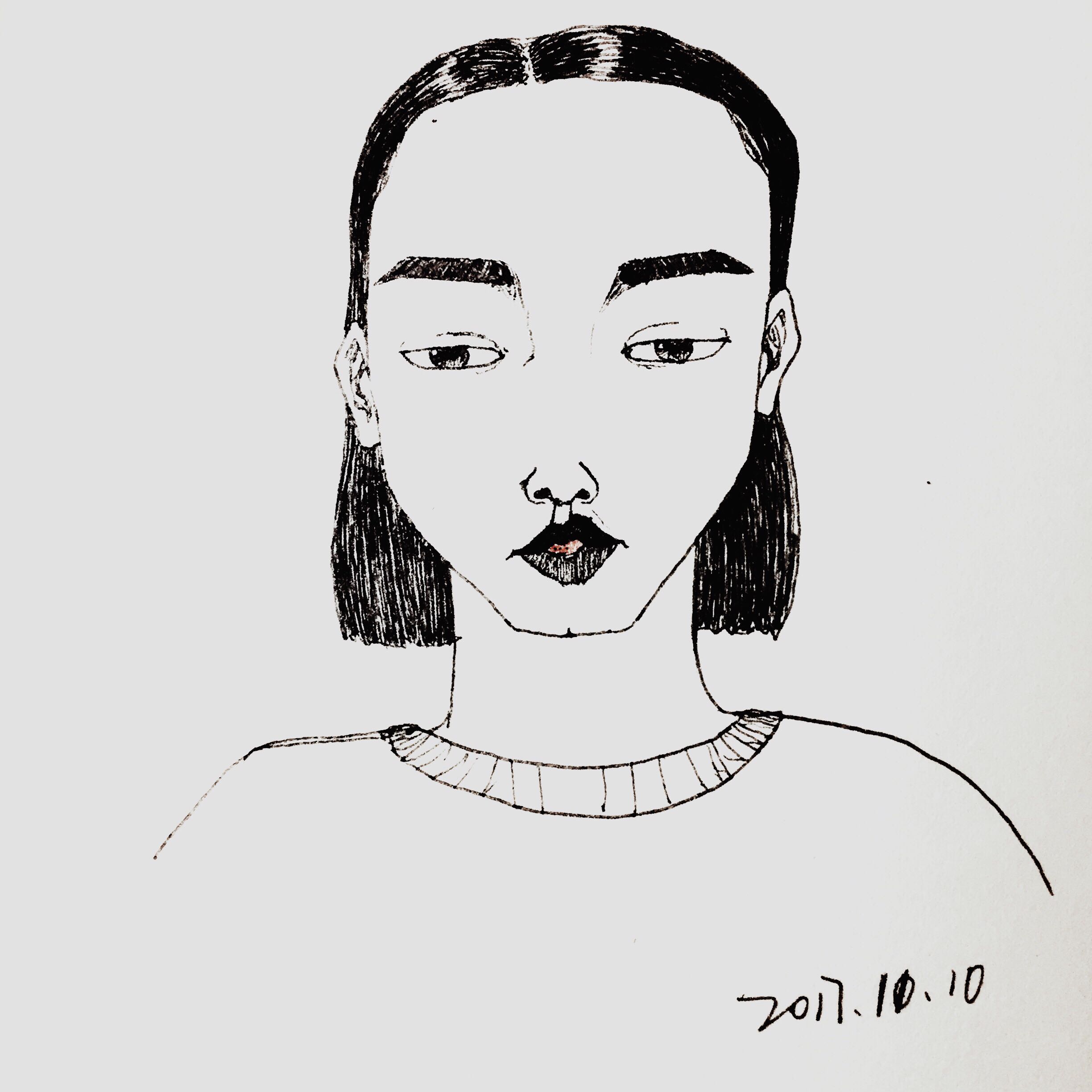 Hand drawn, color, black and white, big face meow，