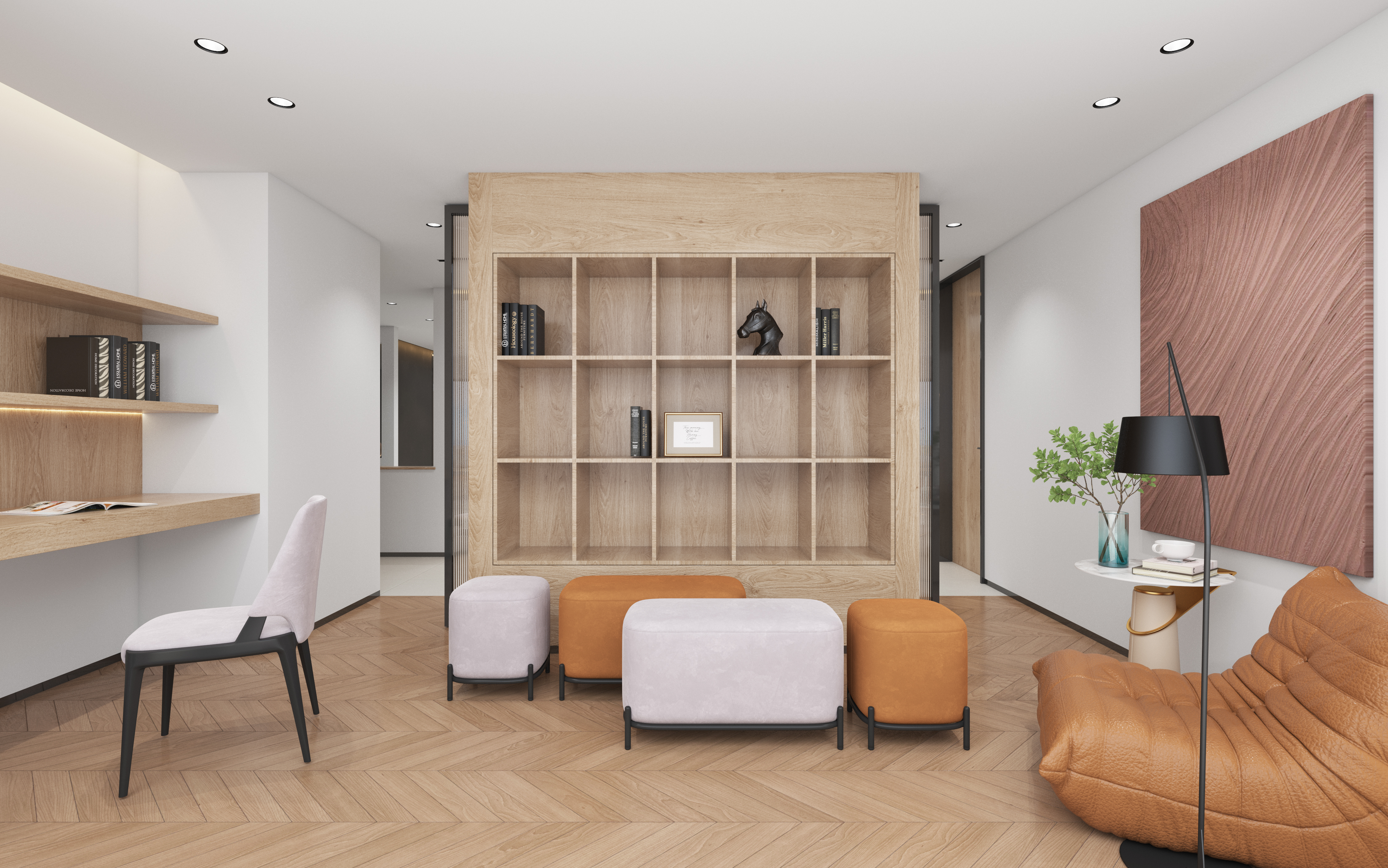 White minimalist, warm logs, gray marble，