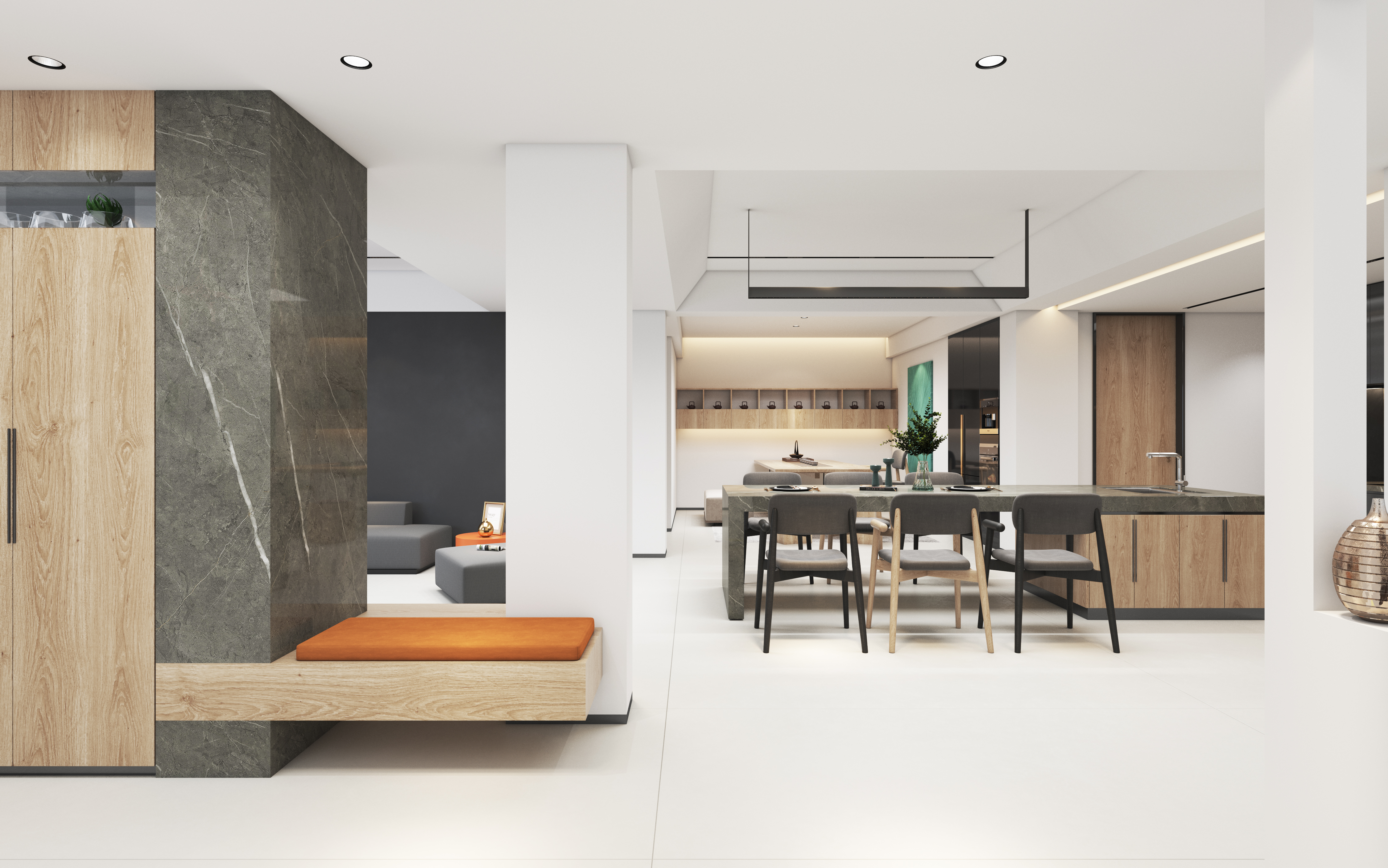 White minimalist, warm logs, gray marble，