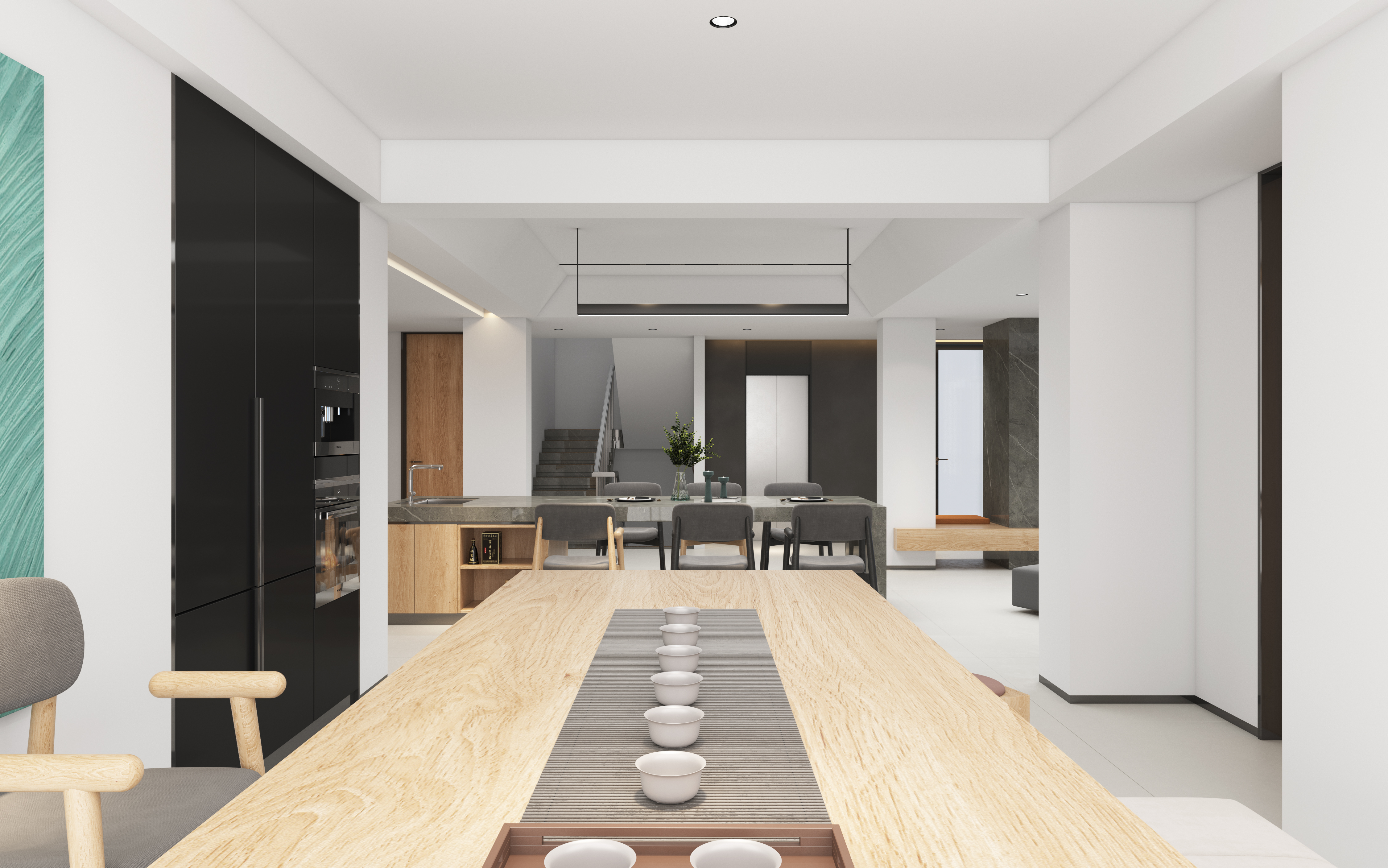 White minimalist, warm logs, gray marble，