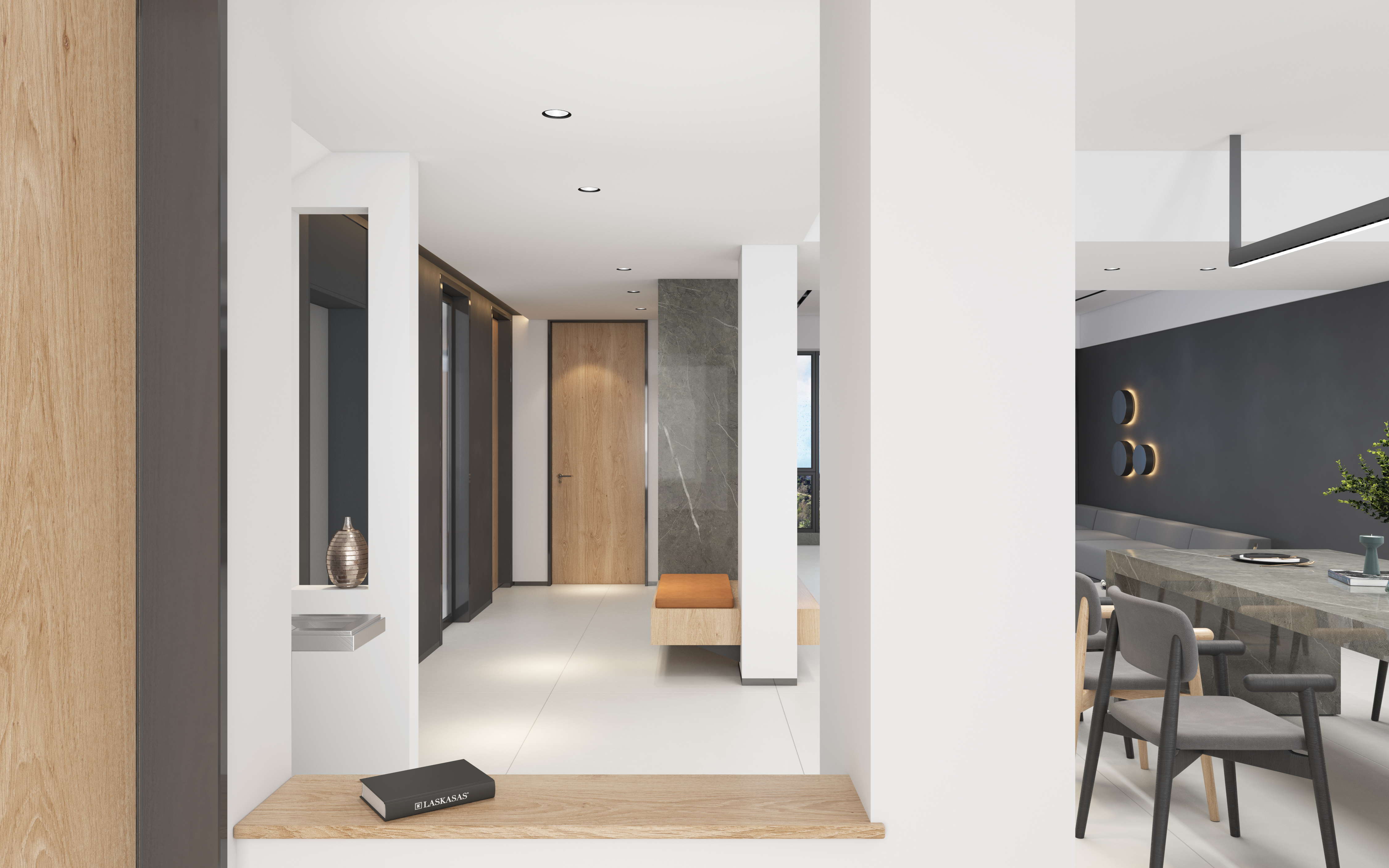 White minimalist, warm logs, gray marble，