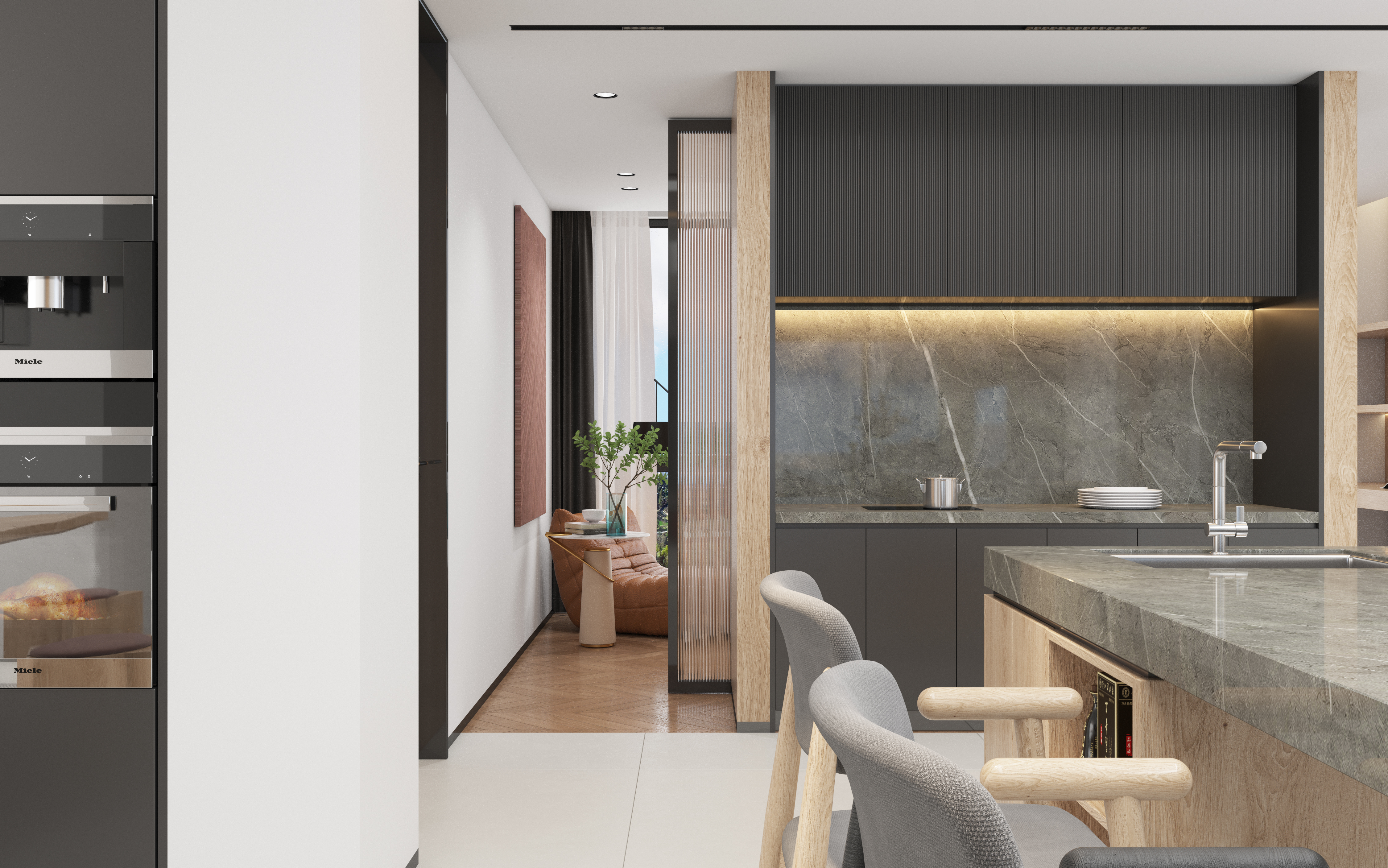 White minimalist, warm logs, gray marble，