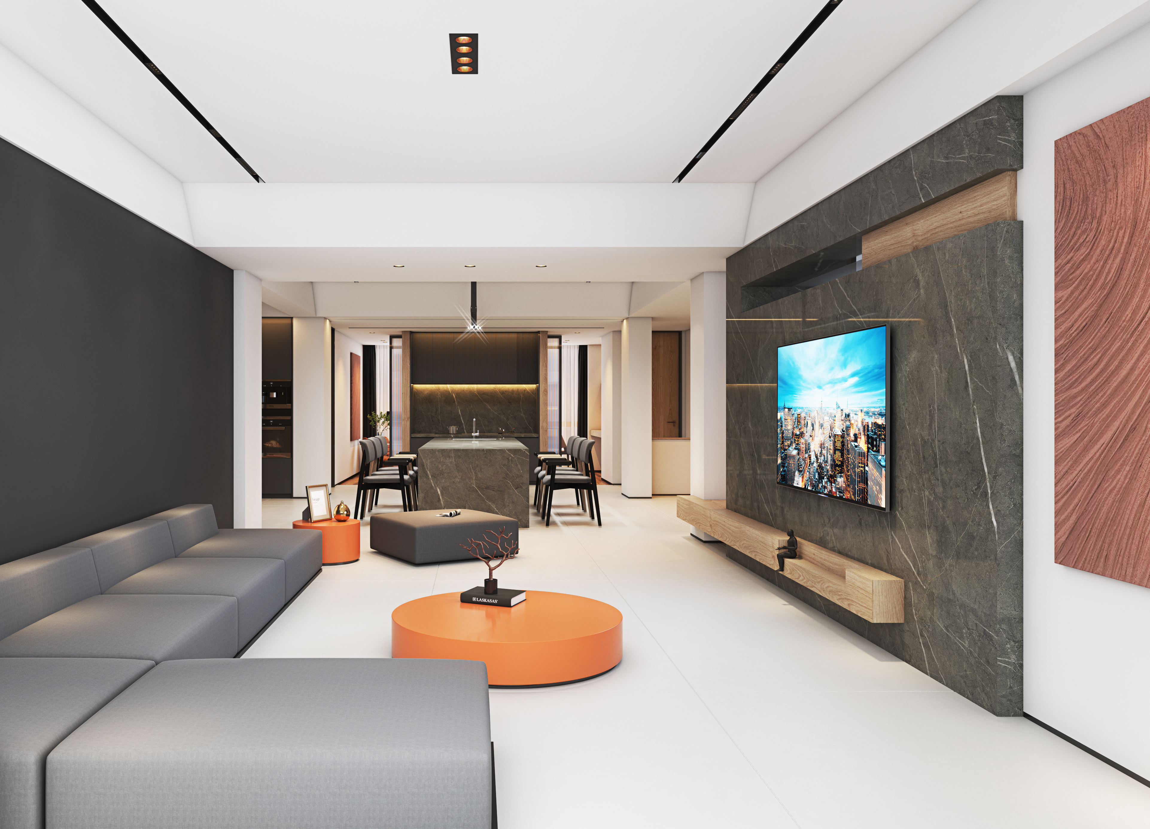 White minimalist, warm logs, gray marble，