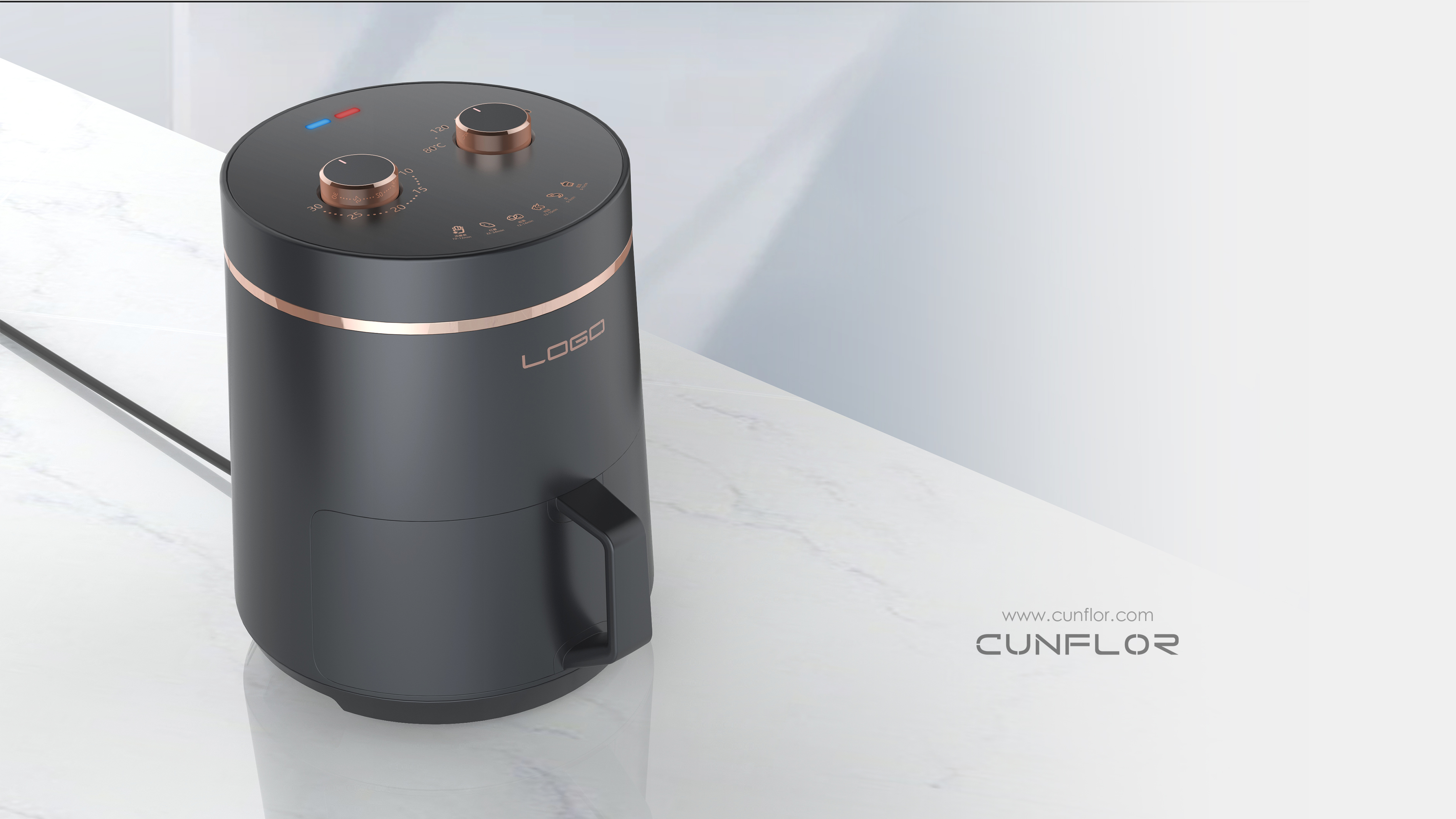 household electrical appliances，Air fryer，Kitchen appliances，Appearance design，Fried chicken wings with French fries，