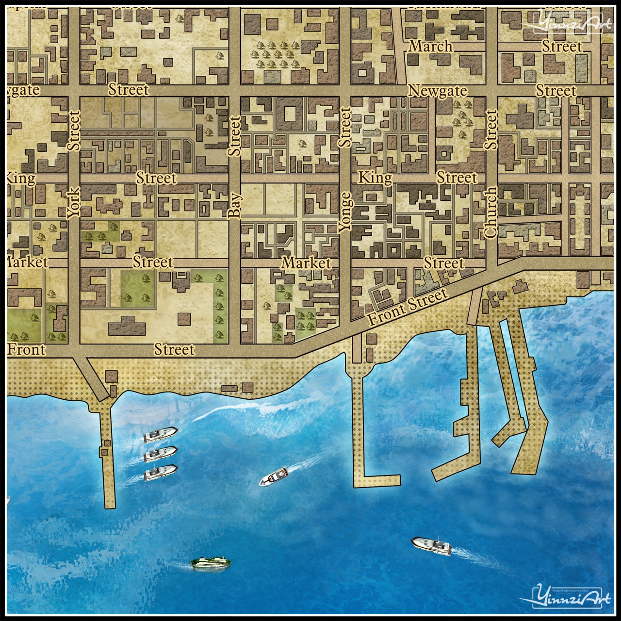 Illustration，Original painting，City illustration，Game original，Map，poster，