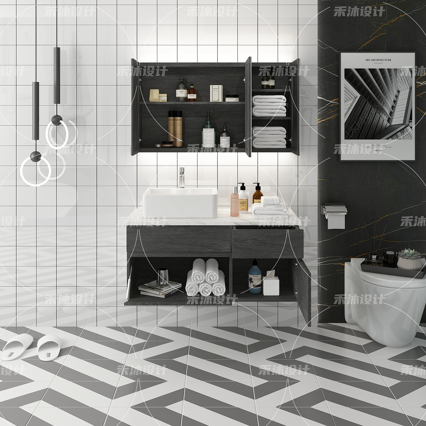 3D rendering of bathroom space products，