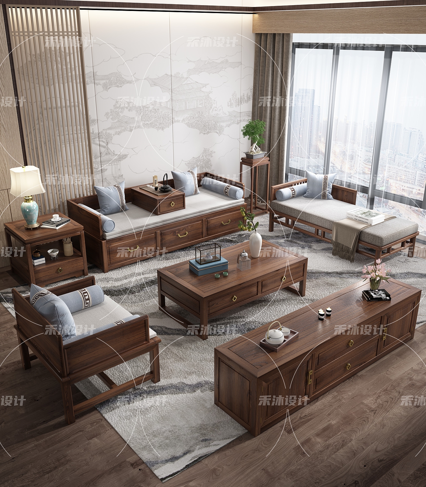 Solid wood series 3D furniture renderings，