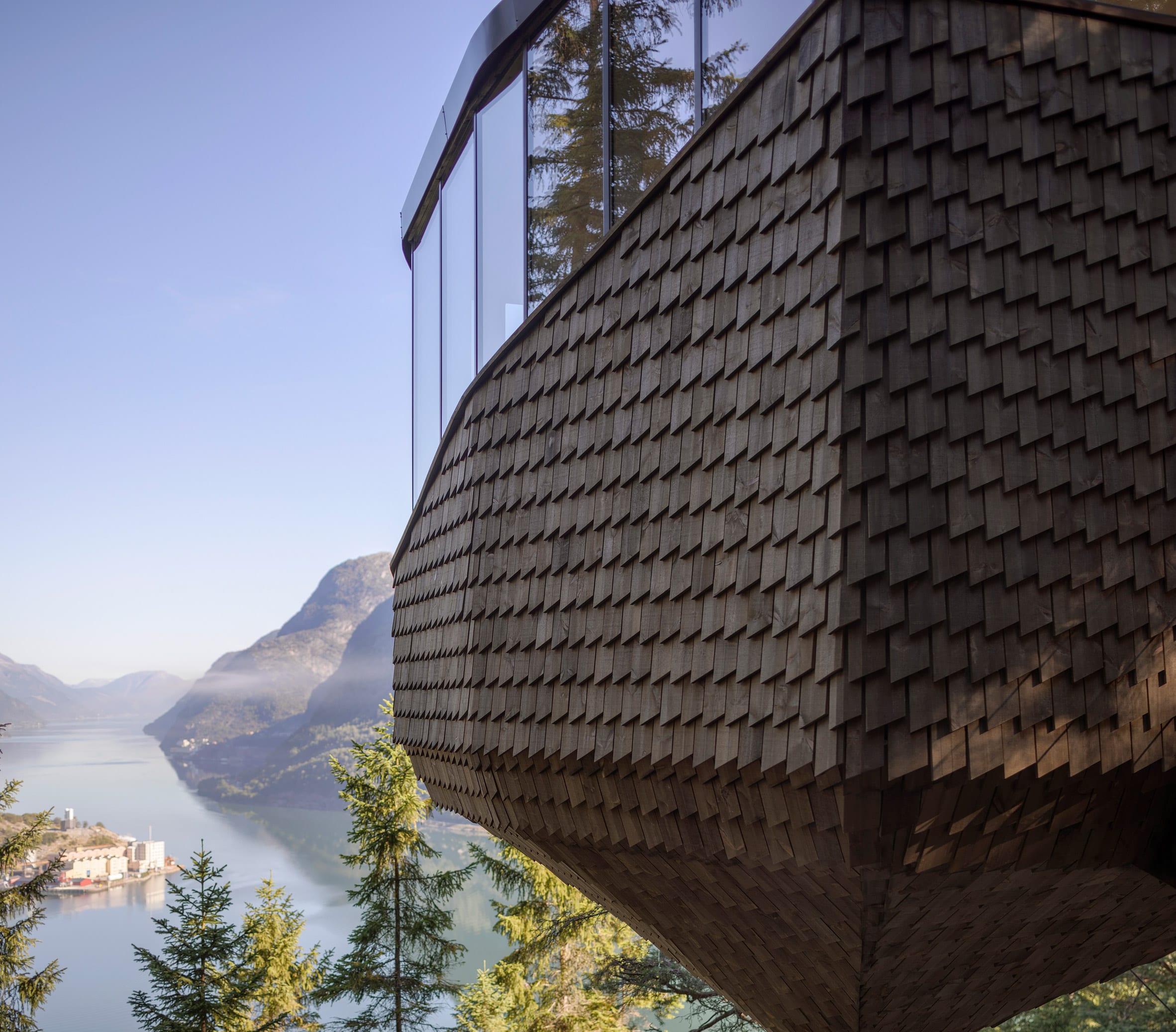 挪威峡湾上方的松树上悬挂着一个木巢树屋