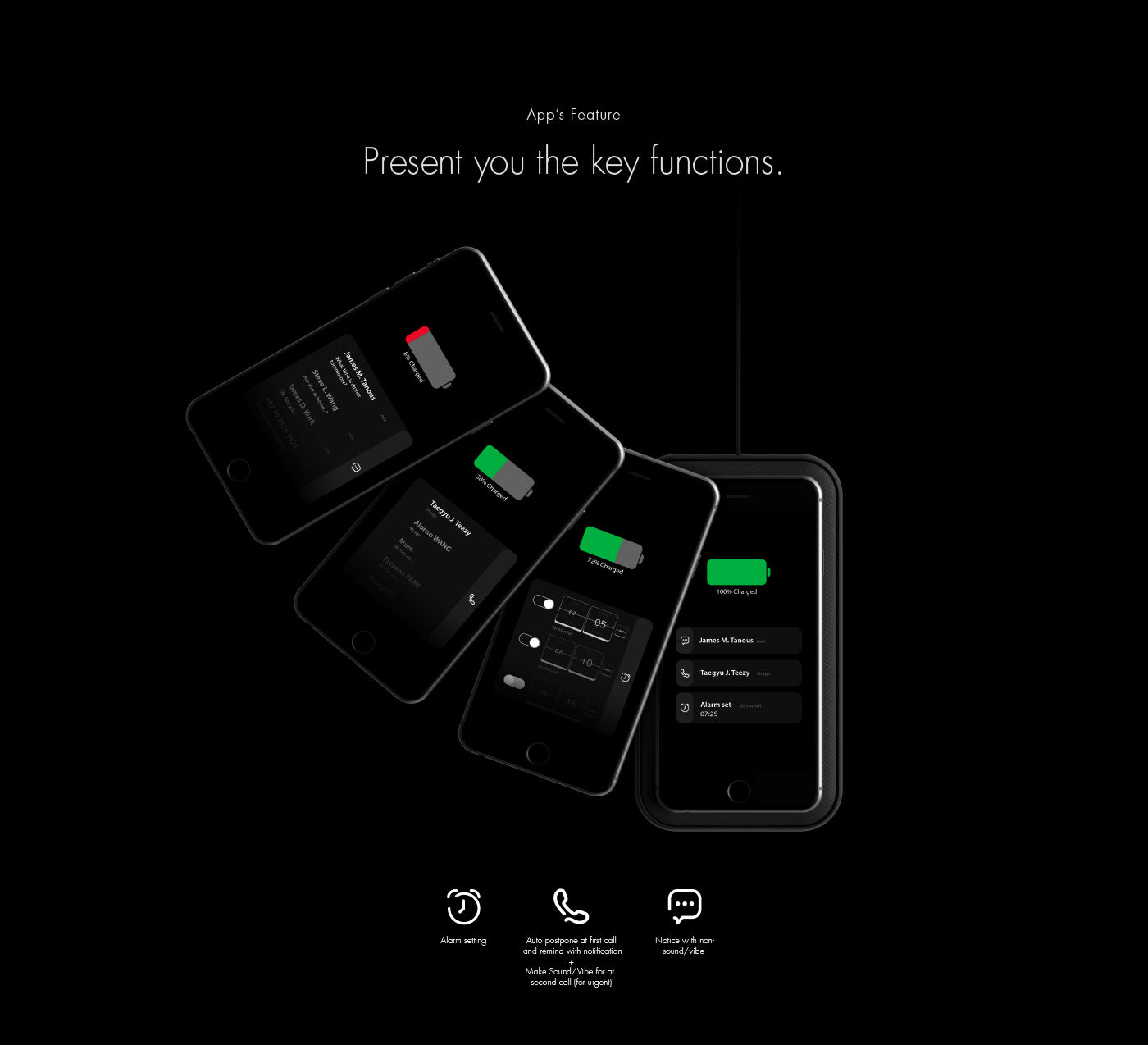 Smart wireless phone charger，application program，app，Sleep mode，doze，black，