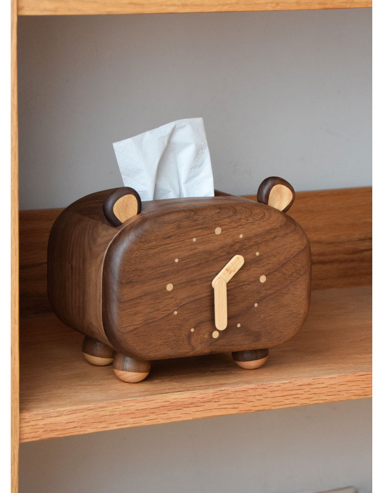 Solid wood tissue box，Solid wood clock，Love little bear，clocks and watches，Lovely animals，