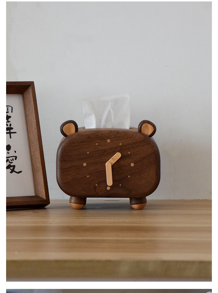 Solid wood tissue box，Solid wood clock，Love little bear，clocks and watches，Lovely animals，