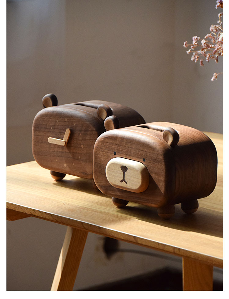 Solid wood tissue box，Solid wood clock，Love little bear，clocks and watches，Lovely animals，