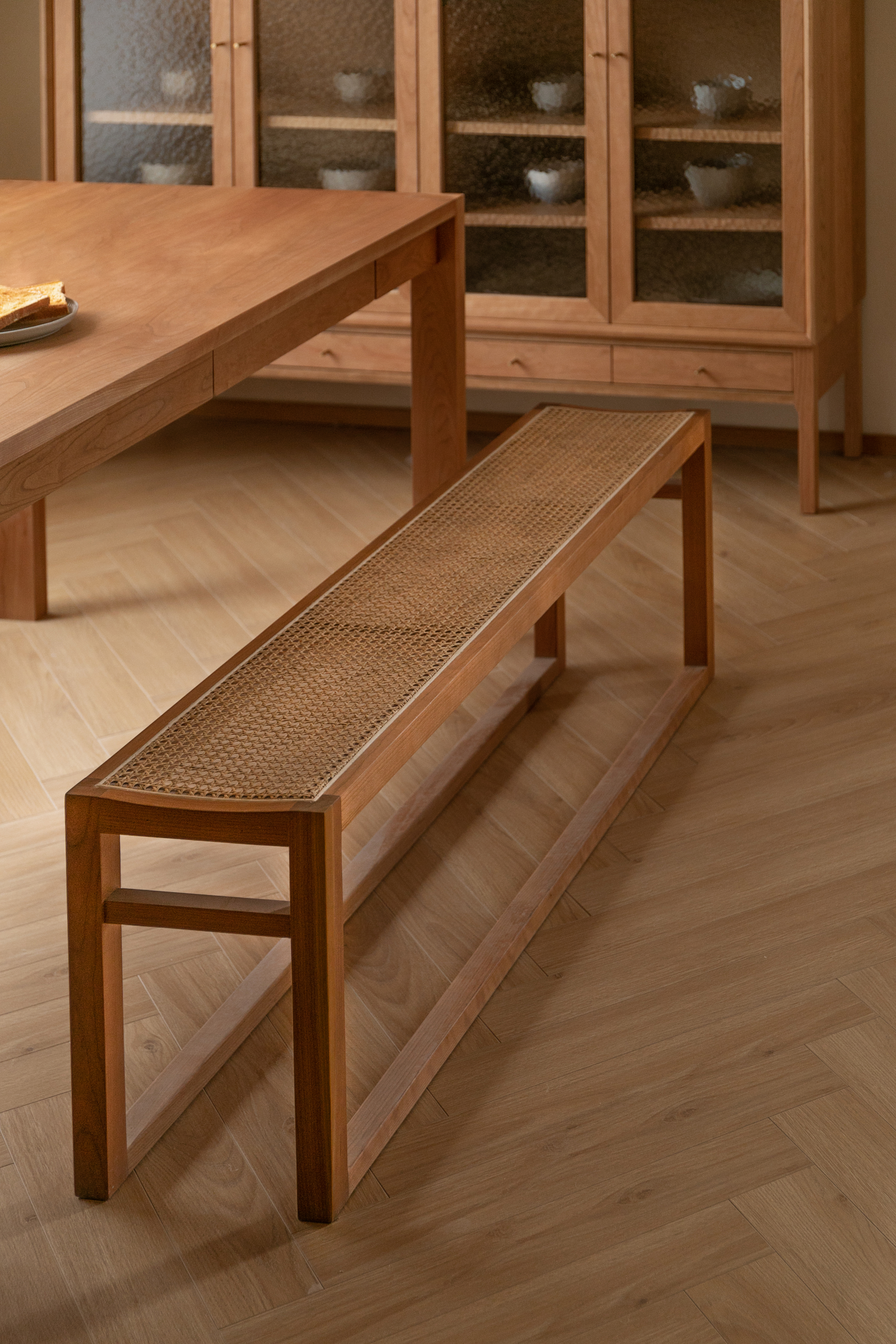 Solid wood rattan bench，