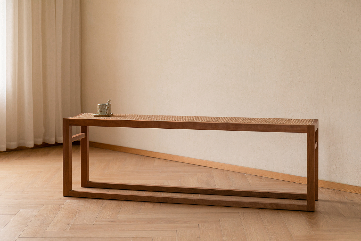 Solid wood rattan bench，