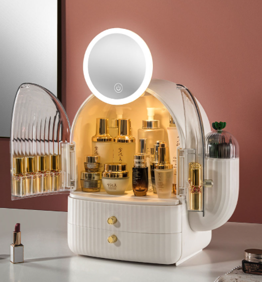 Cosmetic storage box，Dustproof and moisture-proof，Integrated mirror belt，Brush barrel，Storage rack，Led fill lens，