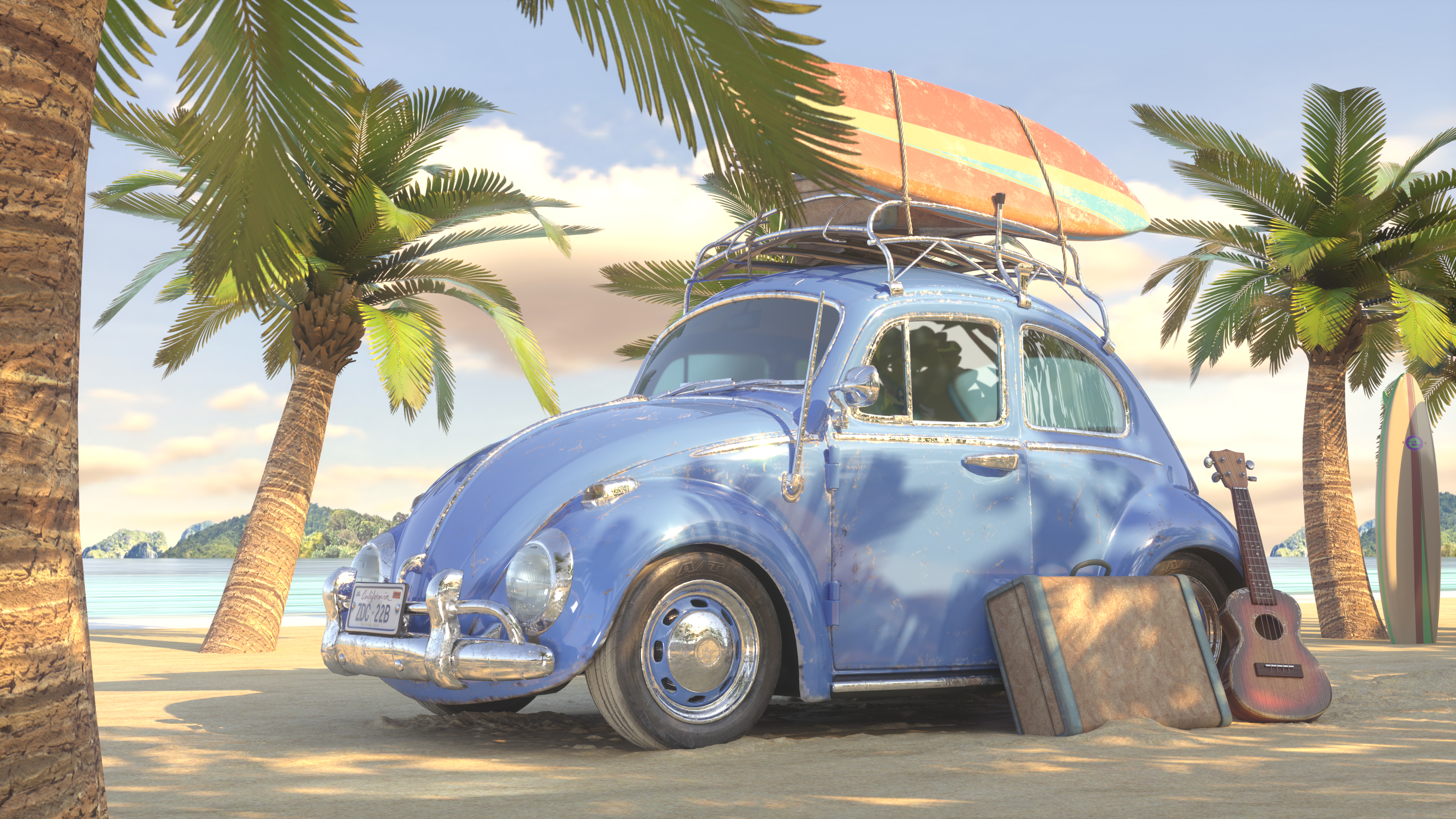 Beetle rendering，Travel rendering，Car rendering，Summer seaside rendering，Realistic rendering，Realistic scene，Station wagon rendering，