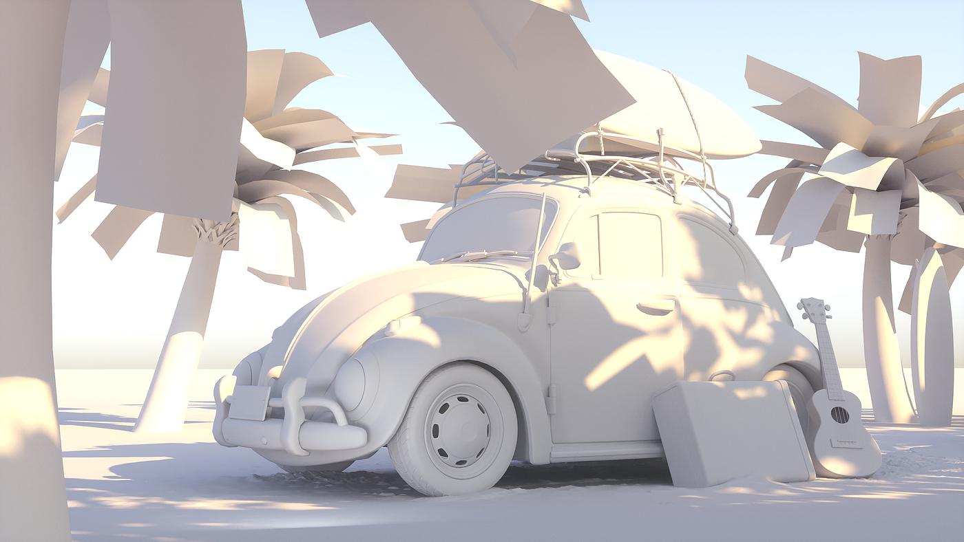 Beetle rendering，Travel rendering，Car rendering，Summer seaside rendering，Realistic rendering，Realistic scene，Station wagon rendering，