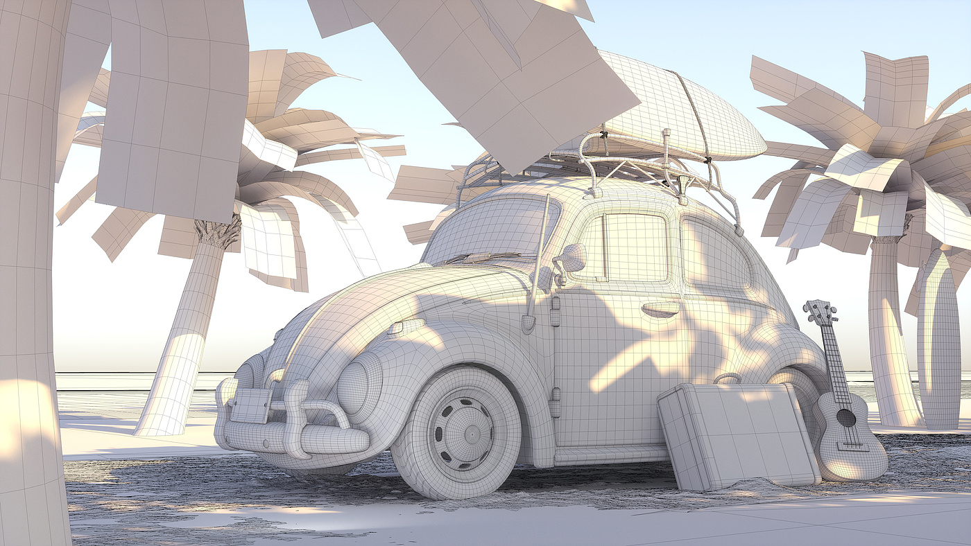 Beetle rendering，Travel rendering，Car rendering，Summer seaside rendering，Realistic rendering，Realistic scene，Station wagon rendering，