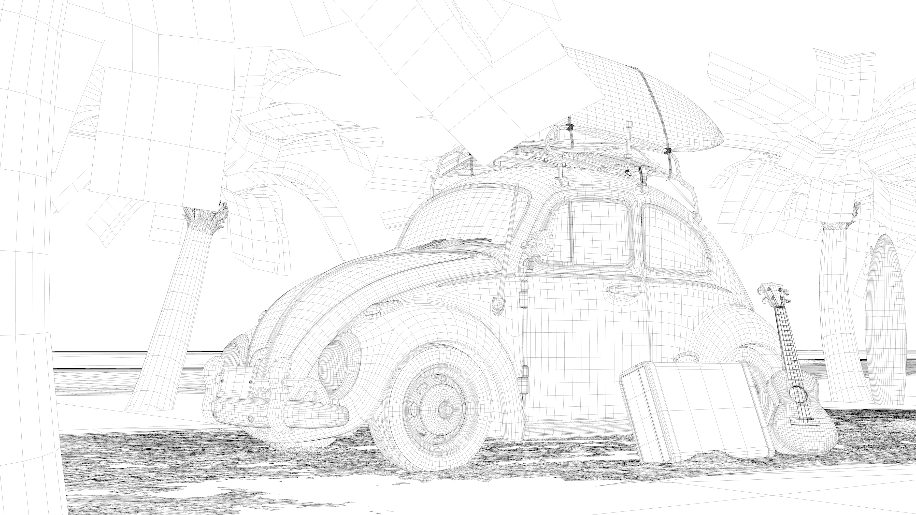 Beetle rendering，Travel rendering，Car rendering，Summer seaside rendering，Realistic rendering，Realistic scene，Station wagon rendering，