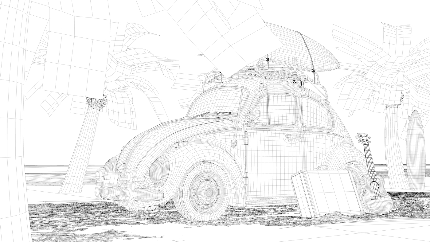 Beetle rendering，Travel rendering，Car rendering，Summer seaside rendering，Realistic rendering，Realistic scene，Station wagon rendering，
