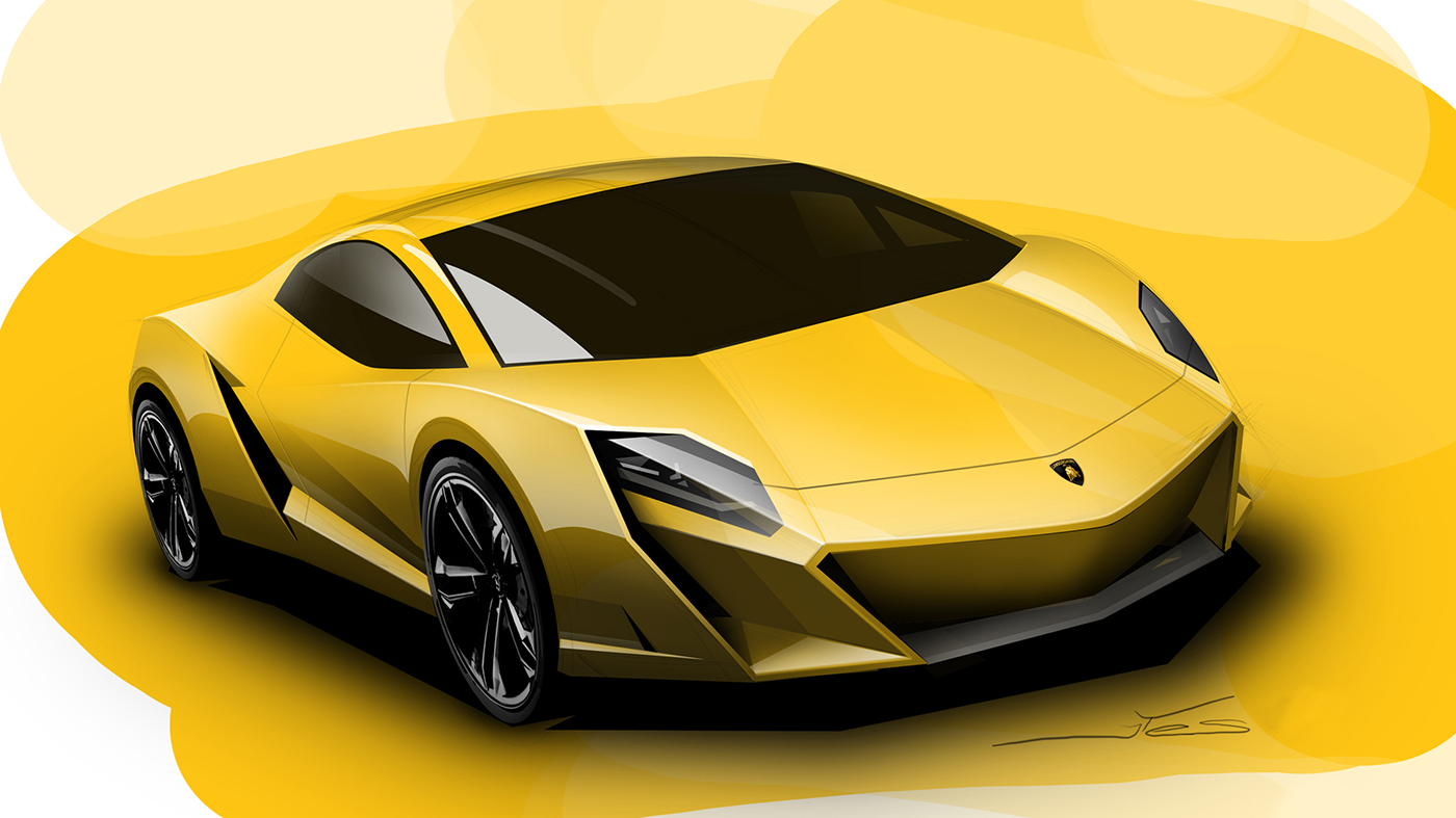 Lamborghini，Concept sports car，yellow，light，Carbon fiber material，Sharp edges and corners，
