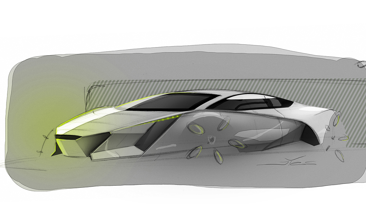 Lamborghini，Concept sports car，yellow，light，Carbon fiber material，Sharp edges and corners，