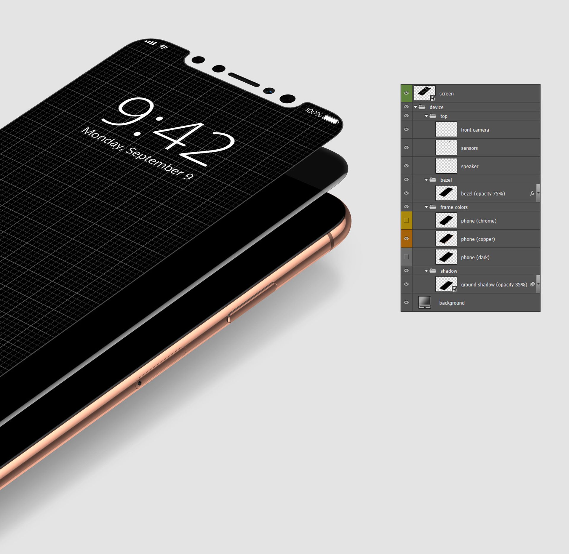 iPhone x，Model，3D modeling，ps，Render，mobile phone，chromium，copper，black，