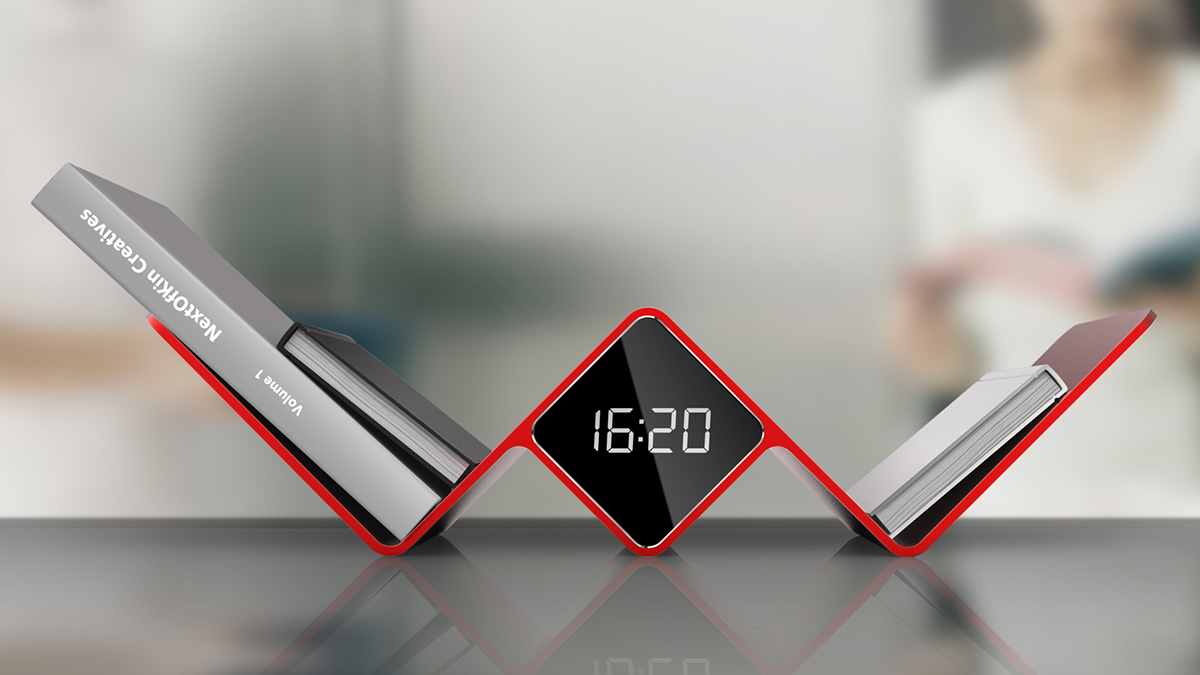 Clock，radio，bookshelf，