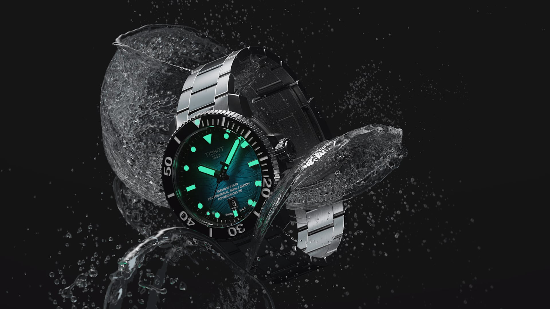 Tissot，painting in water colours，wave，sapphire，Product video dynamic effect，